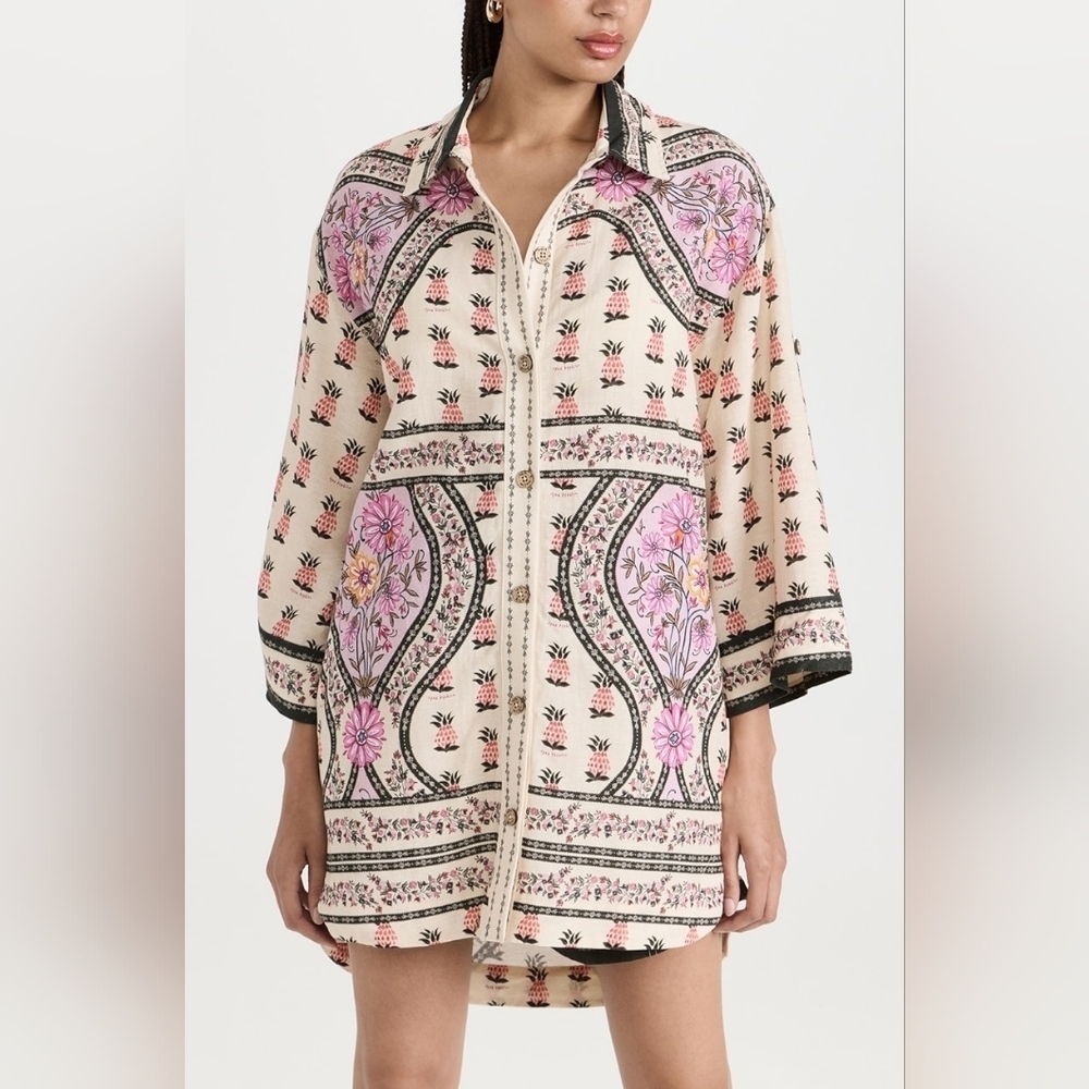 Agua Bendita Floral Tropical Print Linen Cotton Oversized Button-Up Chrissy Top